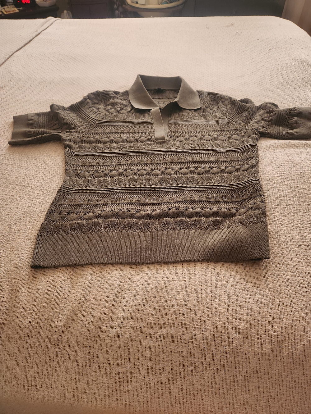 Express Women's Olive Green V-Neck Textured Knit Sweater